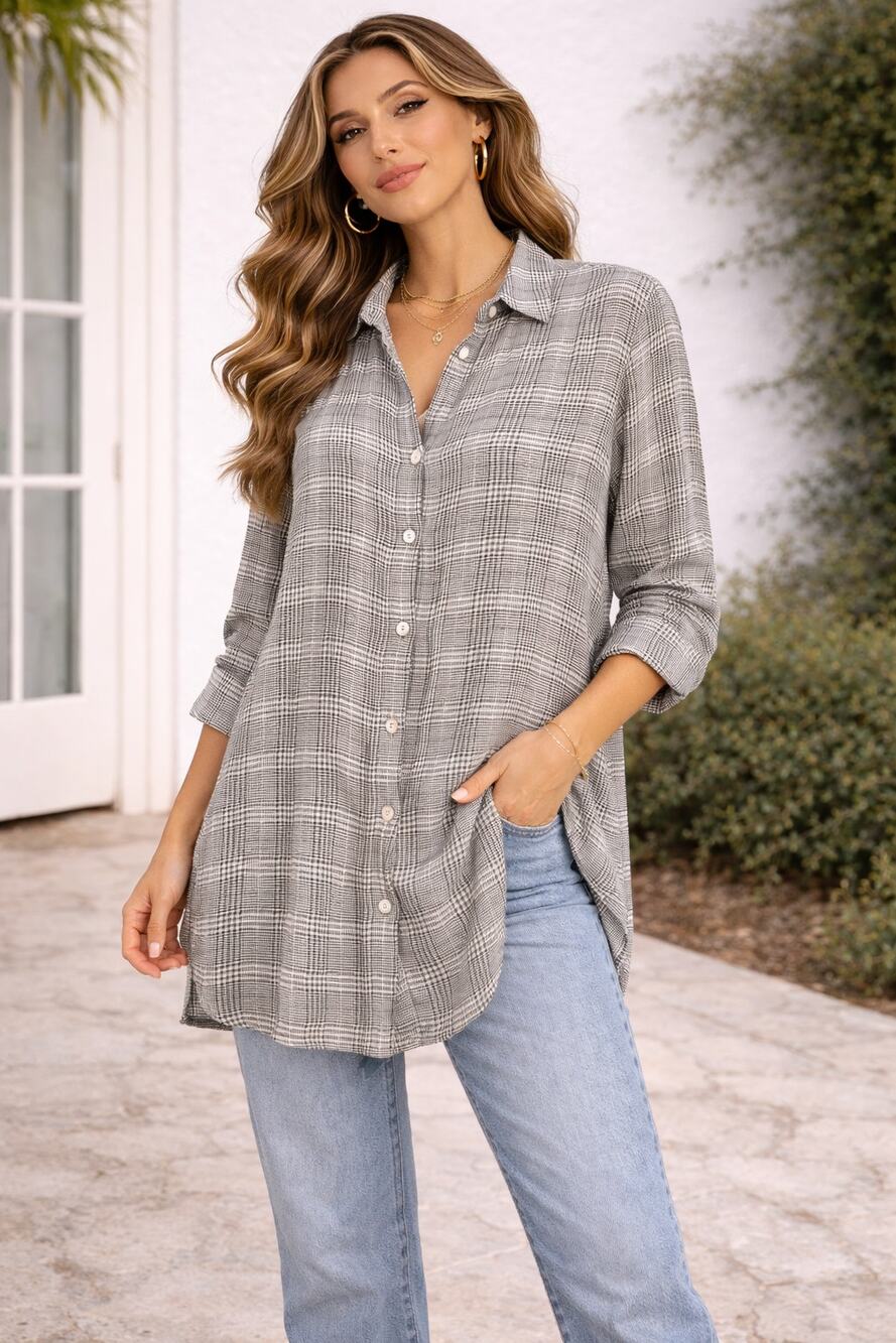 NWT J. Jill Black White Herringbone Tunic Button Down Blouse Oversized Size XS
